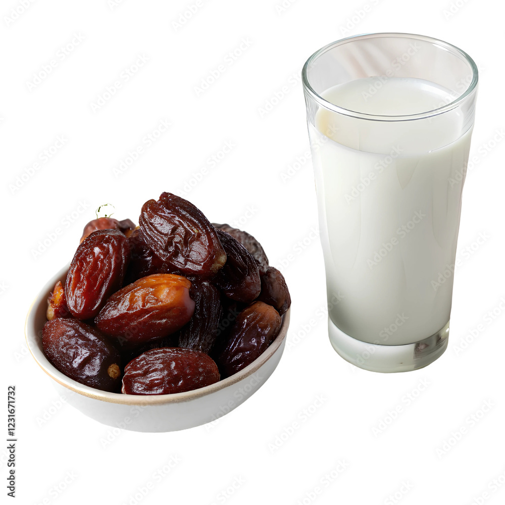 Ramadan Kareem Food , Dry Dates in bowl , Dry dates with a glass of milk Ramadan Kareem Food , Dry Dates in bowl , Dry dates with a glass of milk