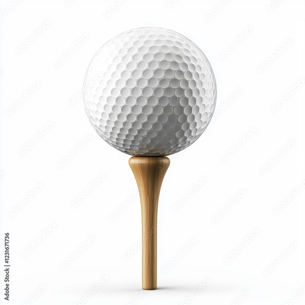 Golf ball resting on a wooden tee, ready for a swing, placed on a bright white background Golf ball resting on a wooden tee, ready for a swing, placed on a bright white background