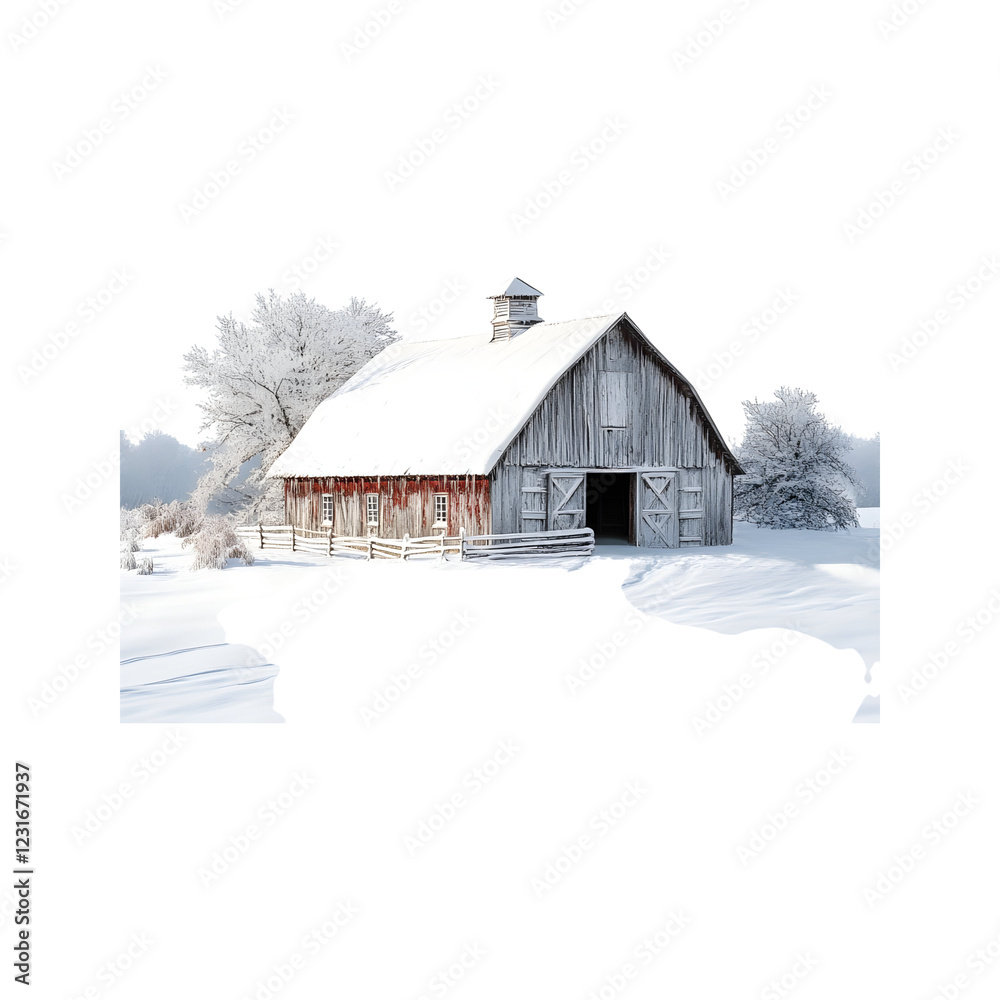 Snow-Covered Barn with Smoke Curling from Chimney and Cow Isolated on Transparent Background Snow-Covered Barn with Smoke Curling from Chimney and Cow Isolated on Transparent Background