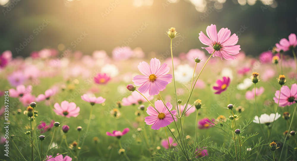 Serene Sunset A Field of Delicate Pink Cosmos Flowers in Soft Golden Light Serene Sunset A Field of Delicate Pink Cosmos Flowers in Soft Golden Light