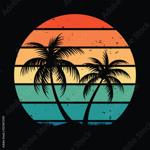 Vintage Sunset Palm Tree Silhouette Vector for Tropical and Retro Design