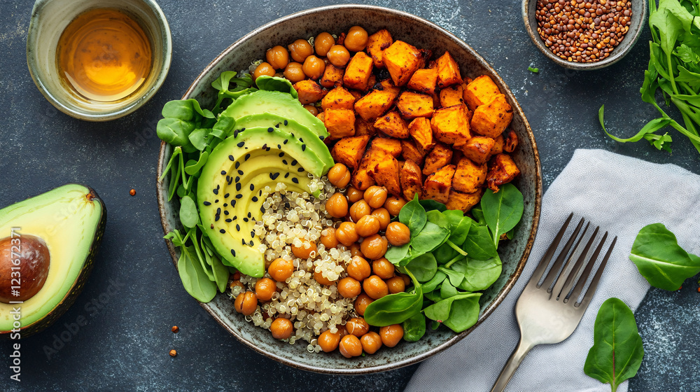 Top-down view of a colorful healthy buddha bowl with chickpeas spinach avocado and quinoa Top-down view of a colorful healthy buddha bowl with chickpeas spinach avocado and quinoa