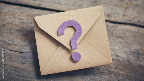 Envelope with purple question mark on wood. Suitable for mystery communication and inquiry concept content.