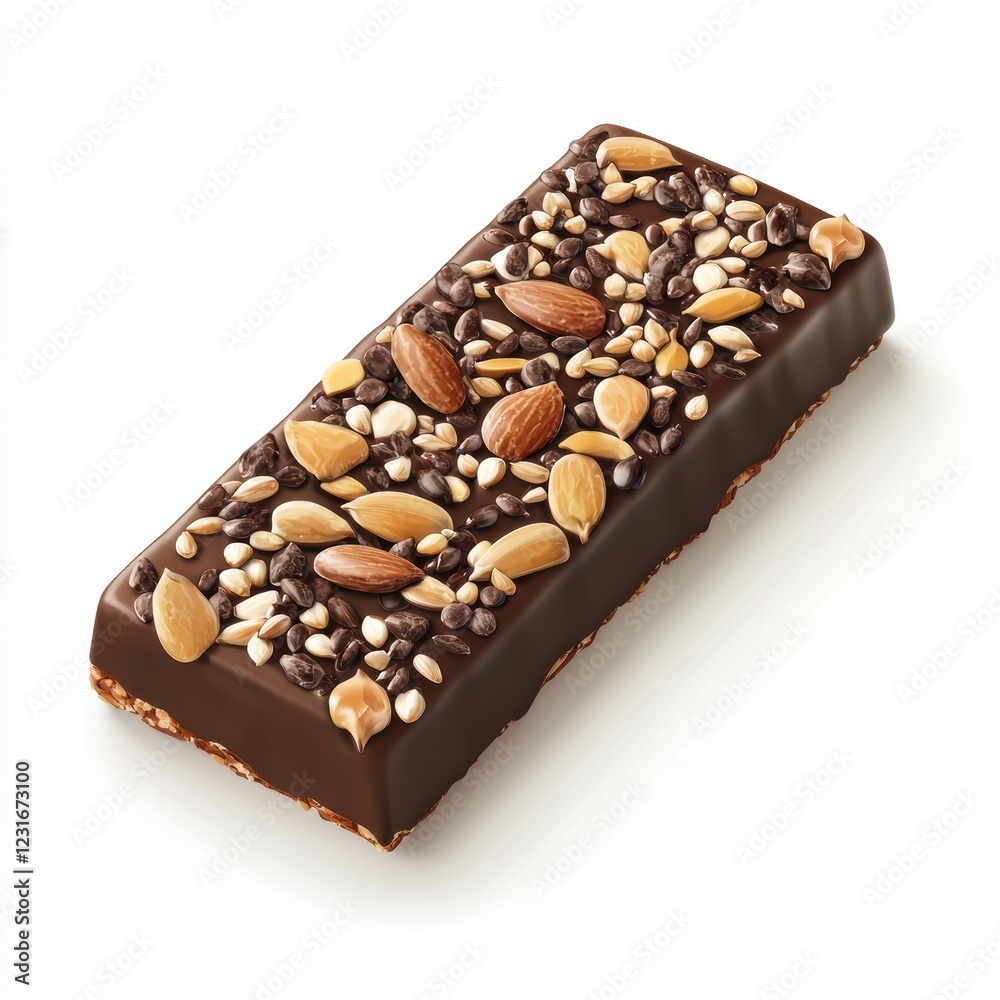 Homemade energy bar with seeds and dark chocolate, placed on a bright white background Homemade energy bar with seeds and dark chocolate, placed on a bright white background