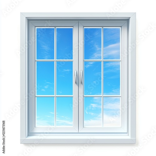 clean  white-framed window with blue sky reflections  isolated on a clean white background