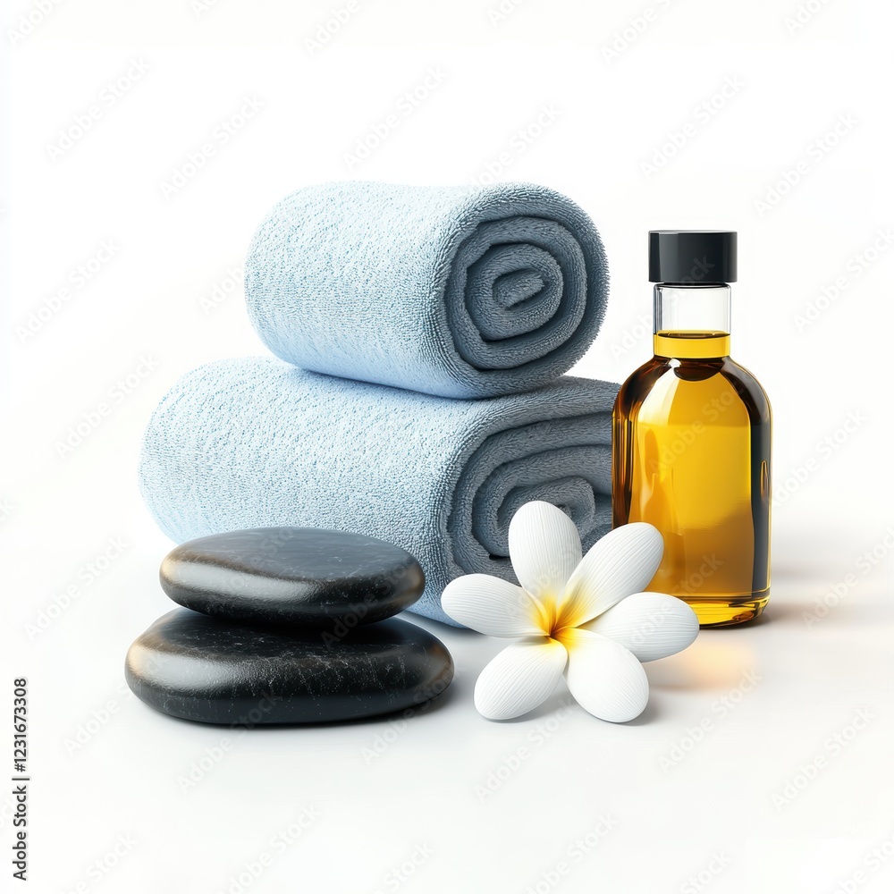Hot stone massage setup with a spa towel and oil bottle, centered on a clean white background Hot stone massage setup with a spa towel and oil bottle, centered on a clean white background