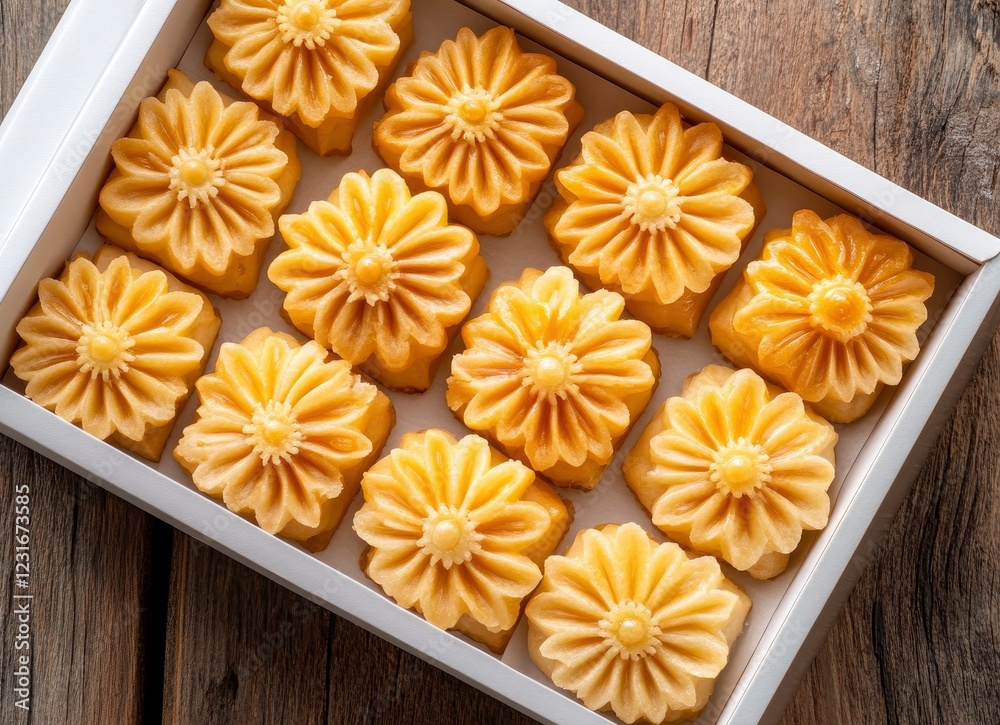 Indonesian traditional food, kue lapis or jajanan made of flower-shaped pastries in the shape of daisy flowers on top and bottom Indonesian traditional food, kue lapis or jajanan made of flower-shaped pastries in the shape of daisy flowers on top and bottom