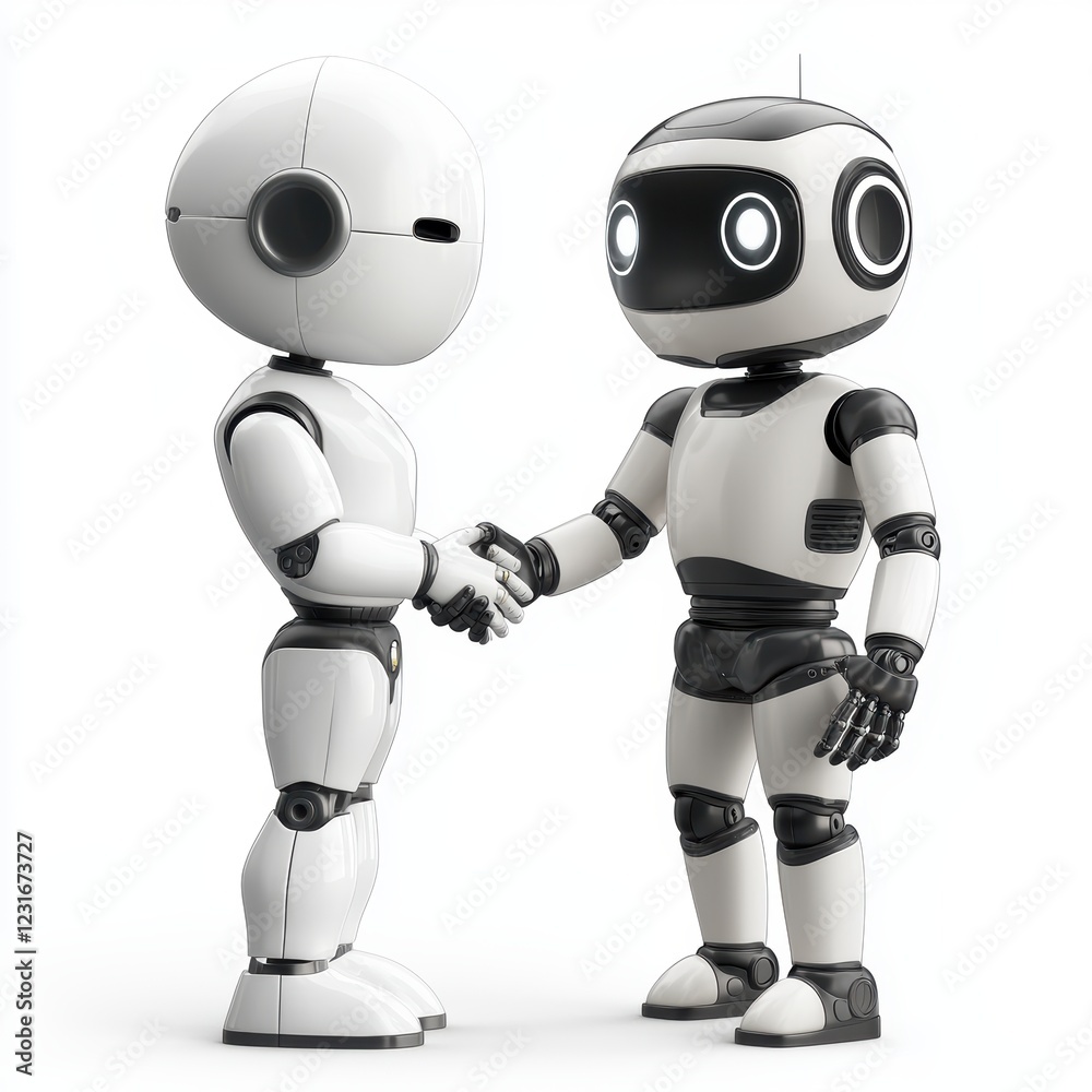 Human shaking hands with an AI robot, representing ethical AI collaboration, isolated on a clean white background Human shaking hands with an AI robot, representing ethical AI collaboration, isolated on a clean white background