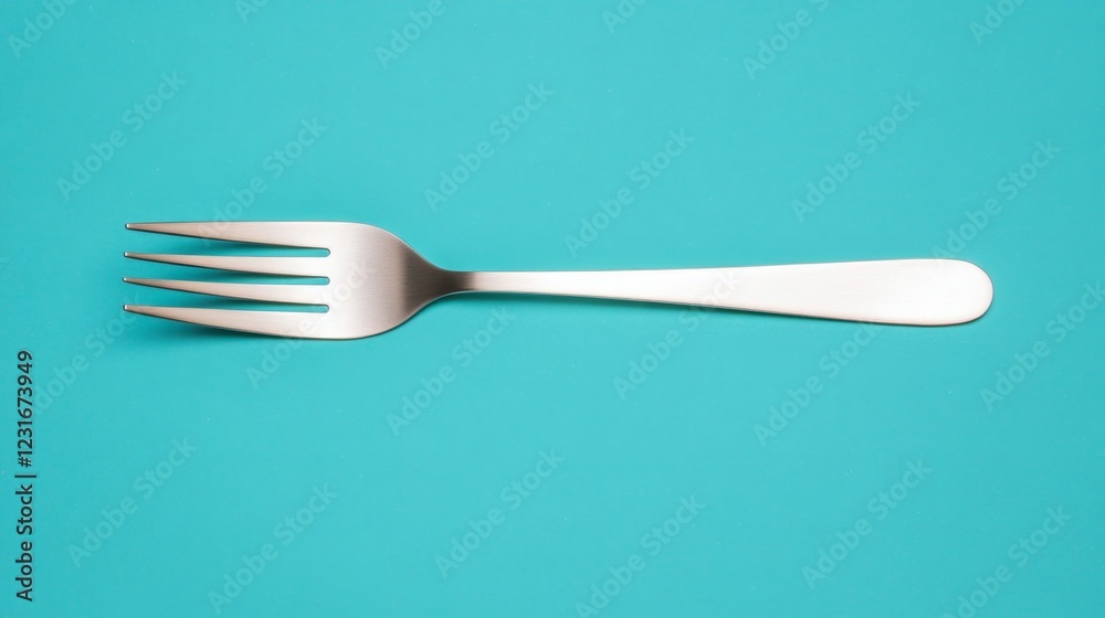 A single metallic fork rests on a vibrant teal backgroundA simple yet elegant image perfect for culinary or design projects A single metallic fork rests on a vibrant teal backgroundA simple yet elegant image perfect for culinary or design projects