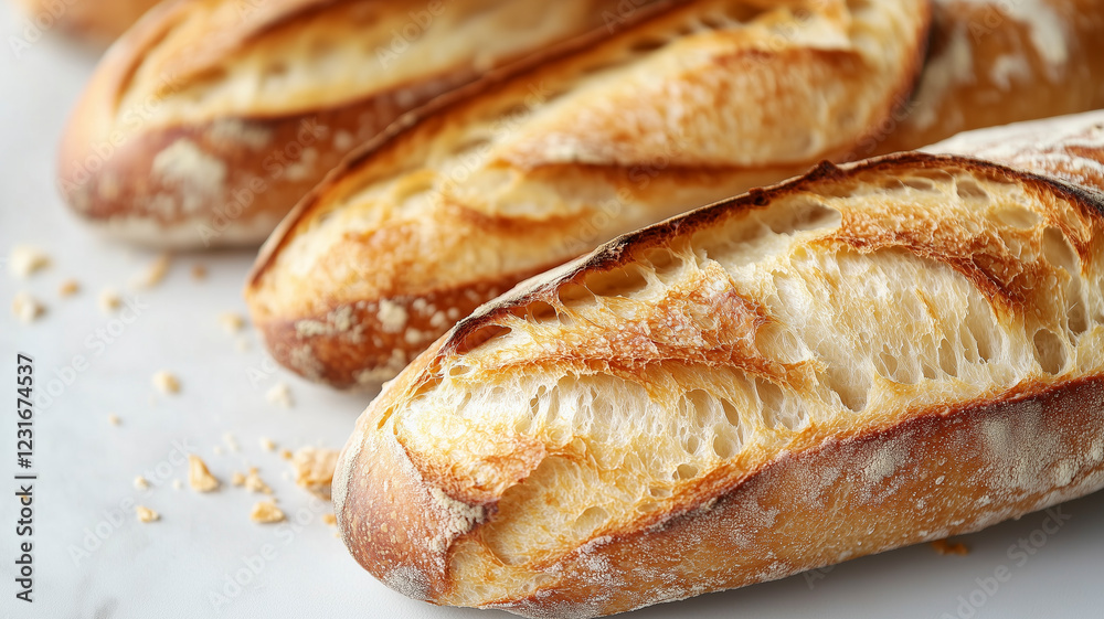 High-quality close-up of a golden brown baguette with crispy crust, ideal for professional use in marketing. High-quality close-up of a golden brown baguette with crispy crust, ideal for professional use in marketing.