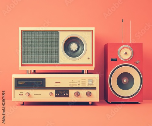 Old-School Hits: 70s Stereo System in Classic Poster Style â€“ Retro Sound Vibes, Soft Tones of Red and Cream, UHD Image 