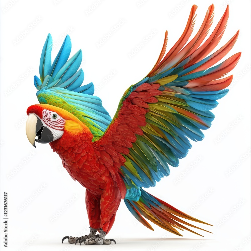 Fototapeta premium Colorful macaw parrot with its wings outstretched, placed on a bright white background