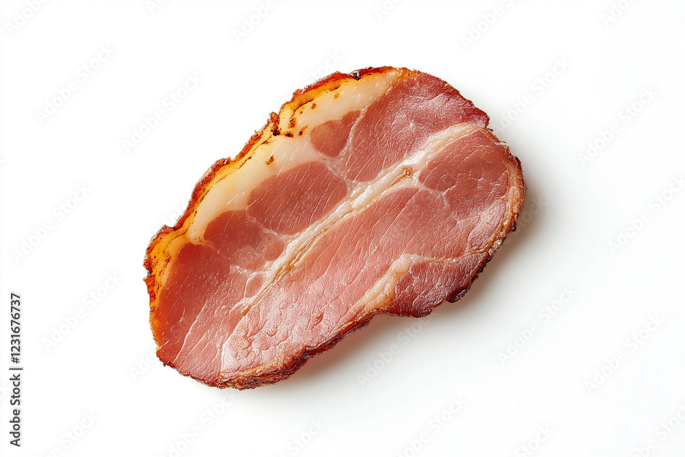 Delicious of sliced smoked bacon on white background. Delicious of sliced smoked bacon on white background.