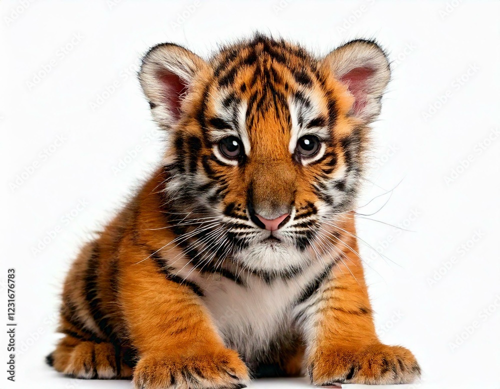 Obraz premium Two months old tiger cub sitting against white background