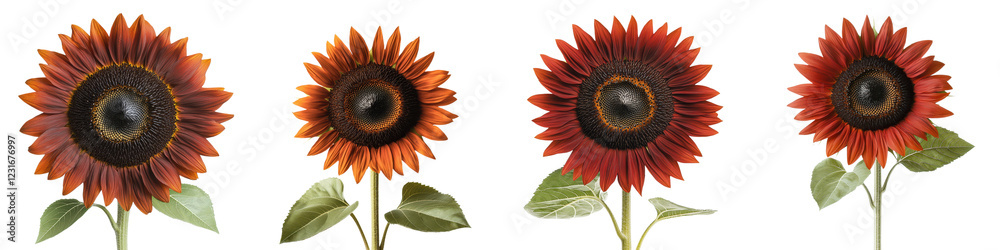 Fototapeta premium Vibrant Red Sunflower Flowers Blooming In Summer Garden Landscape With Green Leaves And Petals Close up View Of Sunflowers In Outdoor Floral Nature Setting