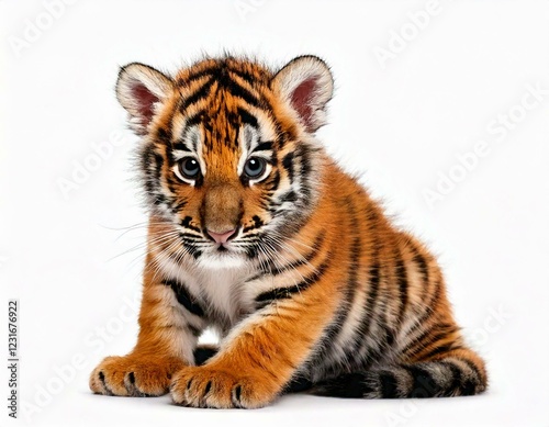 Two months old tiger cub sitting against white background photo