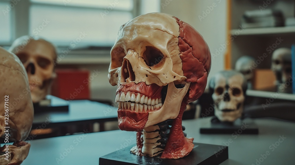 Anatomical skull models in laboratory setting. Perfect for medical education and research content. Anatomical skull models in laboratory setting. Perfect for medical education and research content.