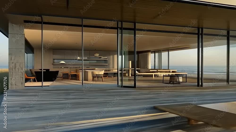 Modern beachfront house with panoramic windows, overlooking the ocean at sunset, serene atmosphere Modern beachfront house with panoramic windows, overlooking the ocean at sunset, serene atmosphere