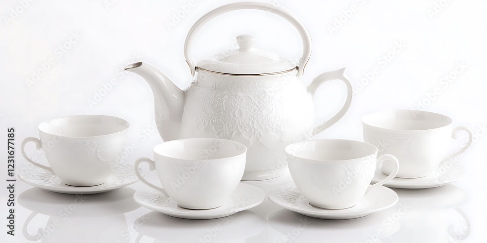 White tea set, studio shot, clean background, tea time White tea set, studio shot, clean background, tea time