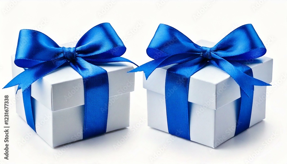 Obraz premium Two White boxs tied Blue satin ribbon bow Isolated on white