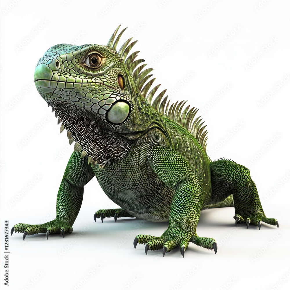 Fototapeta premium Large green iguana with spiky scales along its back, placed on a bright white background