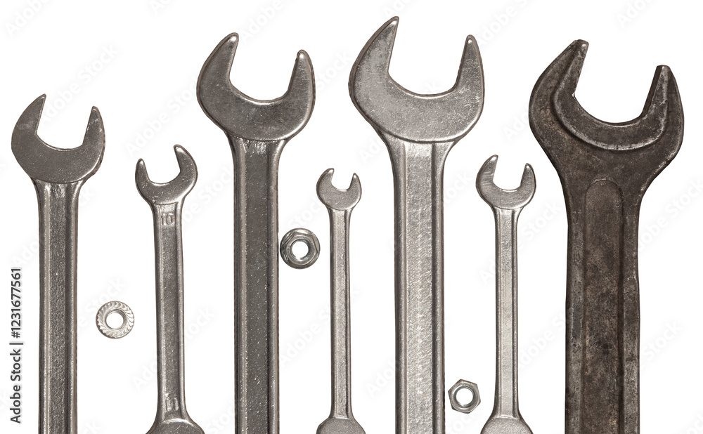 Tools for repair photography: wrenches and nuts on white background Tools for repair photography: wrenches and nuts on white background