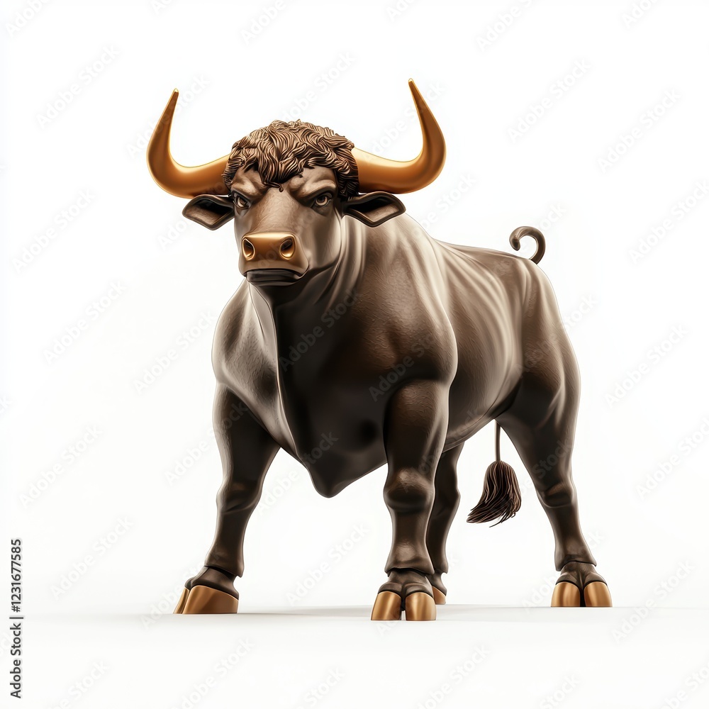 Large muscular bull with a strong posture and a powerful gaze, isolated on a clean white background
