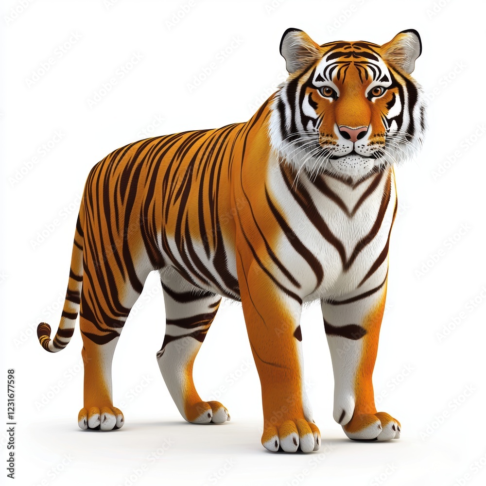 Fototapeta premium Majestic Bengal tiger standing in the jungle with piercing eyes, isolated on a clean white background