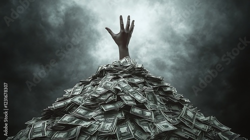 Hand Reaching Over Pile of Dollar Bills