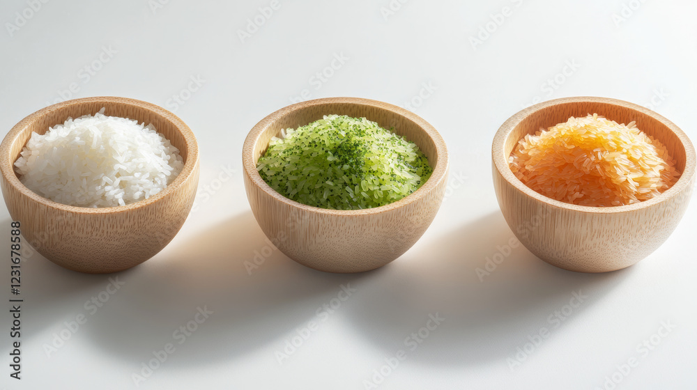 clean, modern composition of rice in three colors white, green, and orange, displayed in wooden bowls. This vibrant arrangement highlights beauty of diverse grains clean, modern composition of rice in three colors white, green, and orange, displayed in wooden bowls. This vibrant arrangement highlights beauty of diverse grains