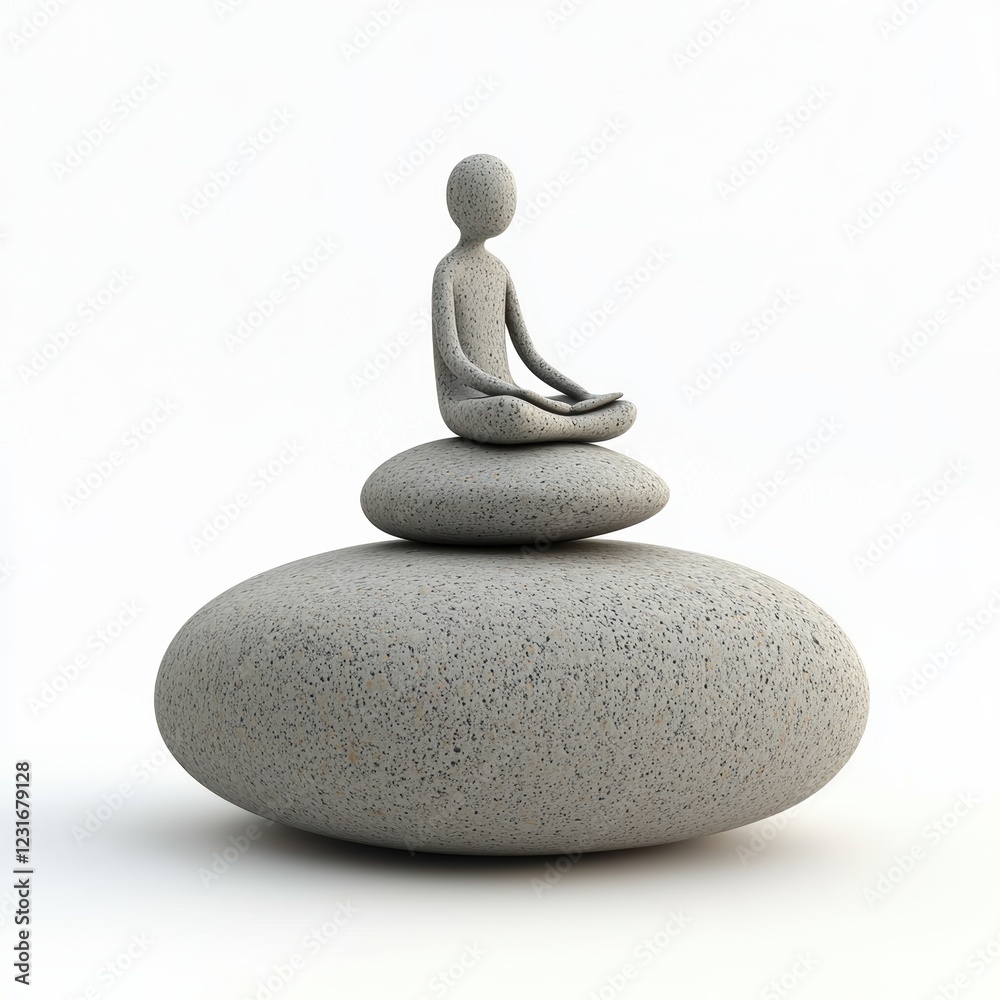 Meditating person sitting on a floating stone in perfect harmony, isolated on a clean white background Meditating person sitting on a floating stone in perfect harmony, isolated on a clean white background