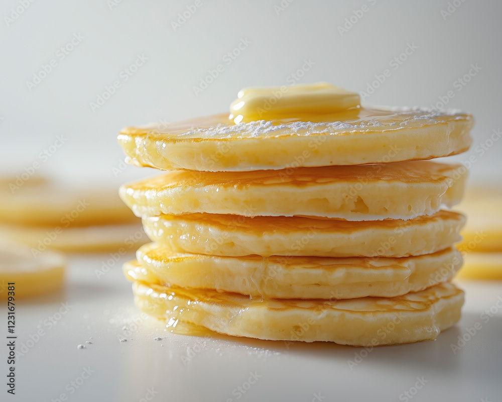 High-detail macro pancake shot, showcasing layers and butter, isolated on pure white. High-detail macro pancake shot, showcasing layers and butter, isolated on pure white.