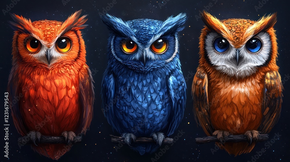 Fototapeta premium A set of four colorful owl illustrations with creative, unique designs, perfect for logos or wildlife-themed branding