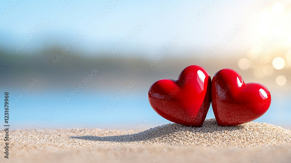 Fototapeta premium Two Red Hearts on a Sunny Beach A Symbol of Summer Love and Romance