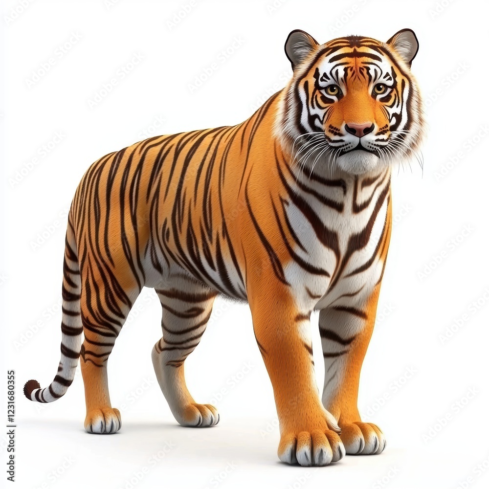 Fototapeta premium Majestic Bengal tiger standing in the jungle with piercing eyes, isolated on a clean white background