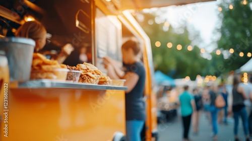 Vibrant outdoor food truck festival with people and string lights