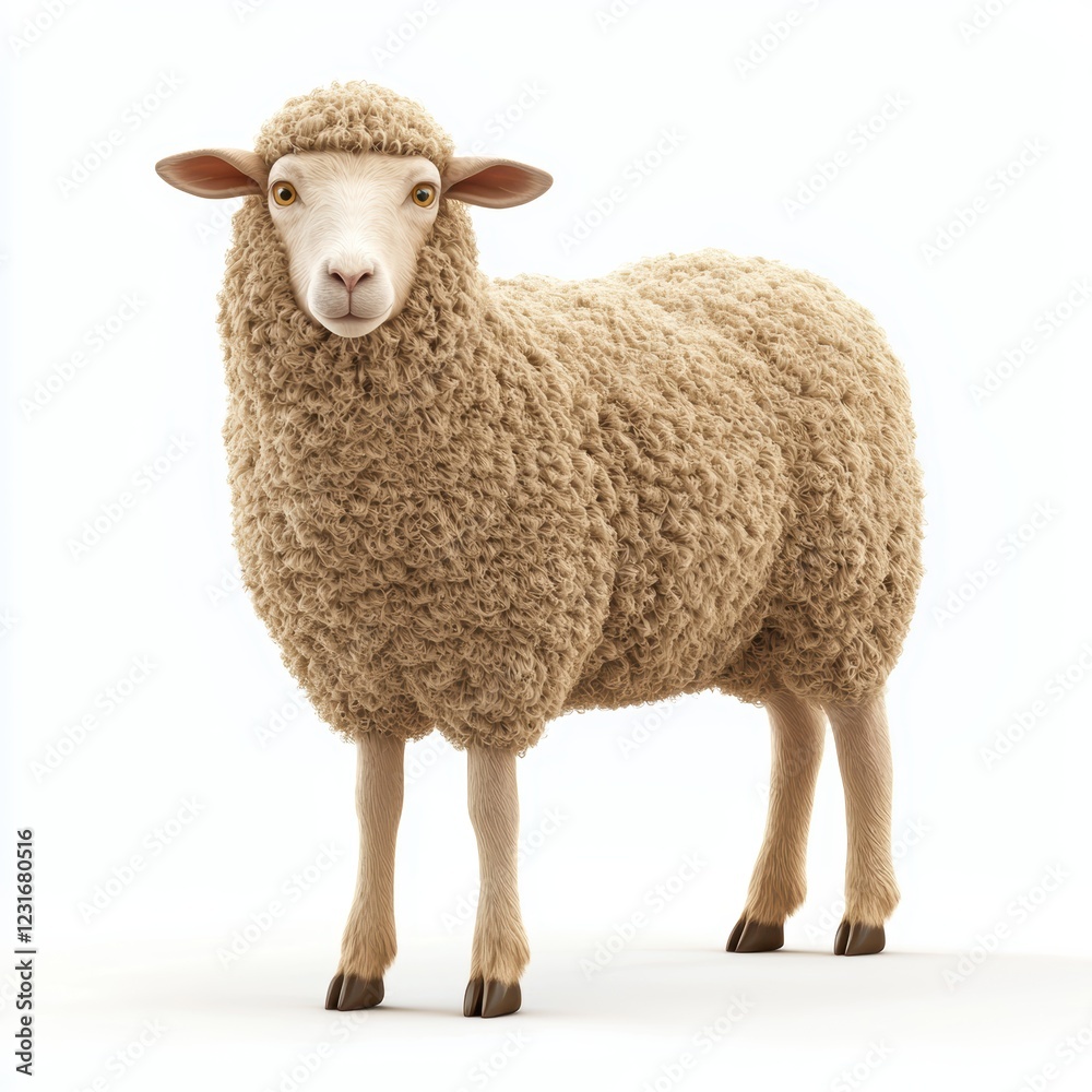 Curly-haired sheep with a gentle face standing in a field, centered on a clean white background Curly-haired sheep with a gentle face standing in a field, centered on a clean white background