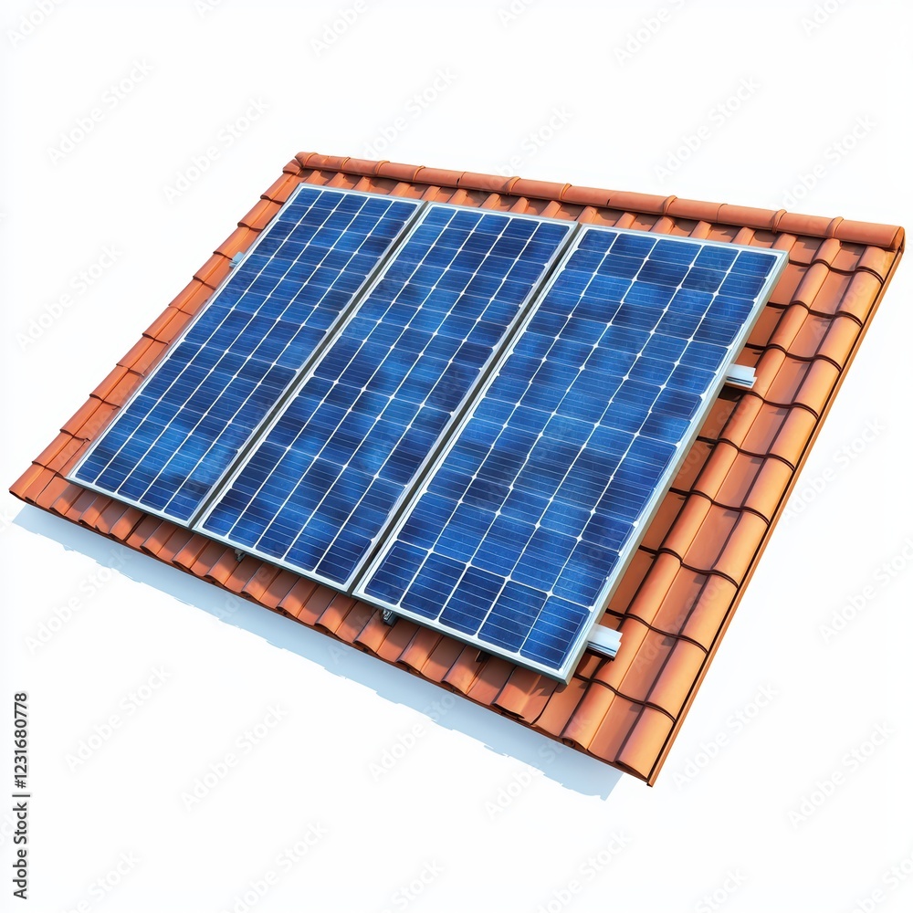 Modern solar panel installed on a house roof, isolated on a clean white background Modern solar panel installed on a house roof, isolated on a clean white background