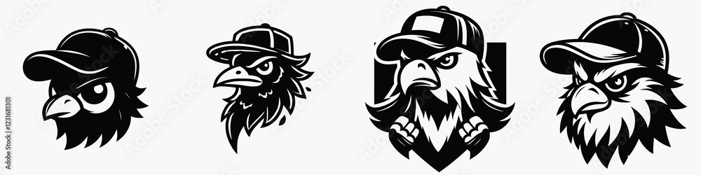 Fototapeta premium Four stylized eagle logos featuring unique designs, each with a cap and distinct facial features, showcasing a bold and fierce aesthetic.
