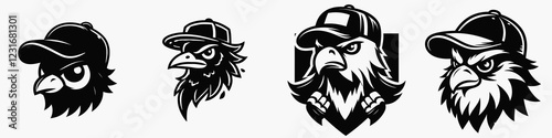Wallpaper Mural Four stylized eagle logos featuring unique designs, each with a cap and distinct facial features, showcasing a bold and fierce aesthetic. Torontodigital.ca