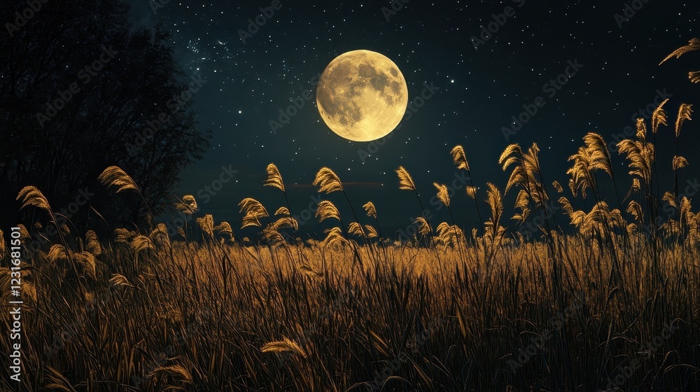 Fototapeta premium Full moon and Japanese pampas grass in midnight,The harvest Miscanthus sinensis and full moon,beautiful night sky in the countryside with the perfect moon exudes beauty in the dark.