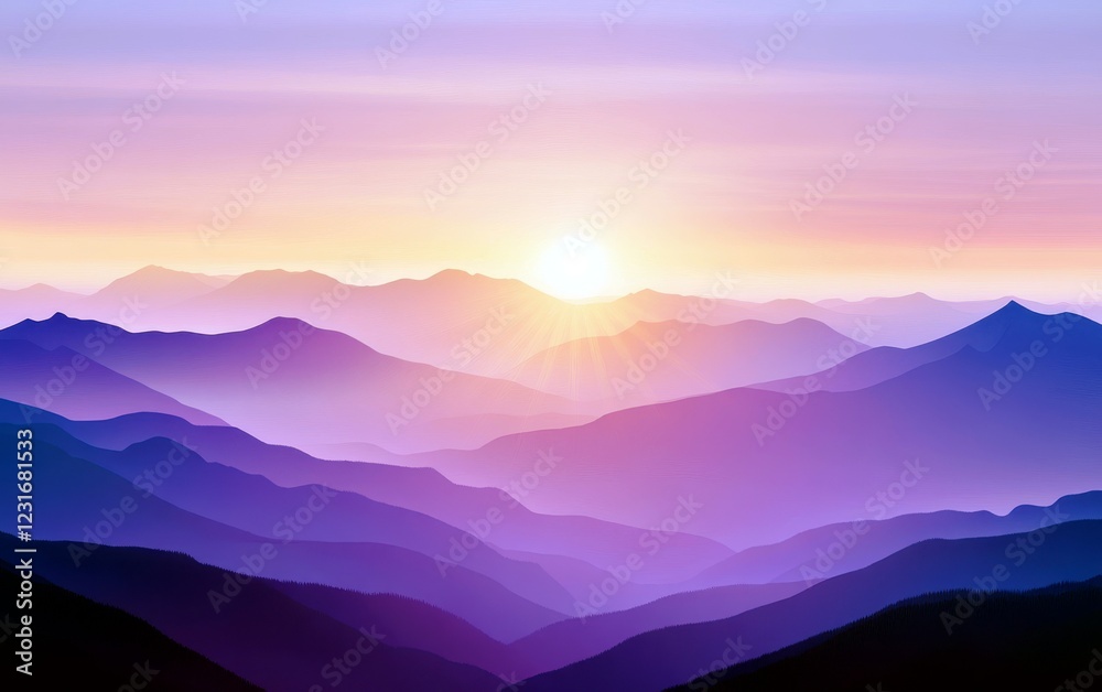 Fototapeta premium Majestic Sunrise Over Rolling Mountains with Soft Purple Hues and Gentle Light Spreading Across the Serene Landscape in a Peaceful Morning Scene