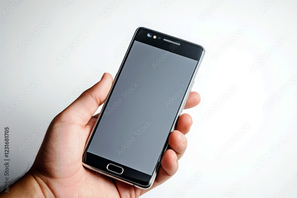 Hand Holding Modern Smartphone with Blank Screen in Minimalistic Background Ready for App Display or Text Concept Imagery Hand Holding Modern Smartphone with Blank Screen in Minimalistic Background Ready for App Display or Text Concept Imagery