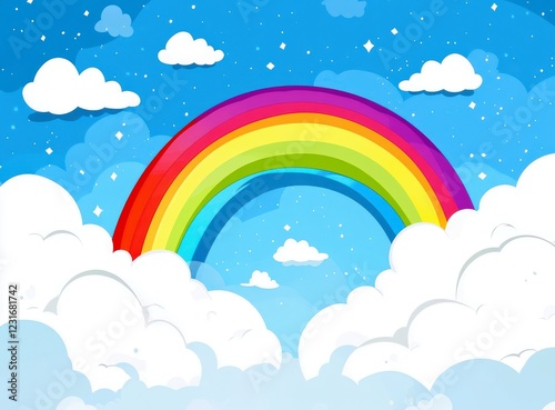 Colorful Rainbow Arching Through Bright Blue Sky with Fluffy White Clouds and Gentle Sparkles in a Cheerful Digital Illustration