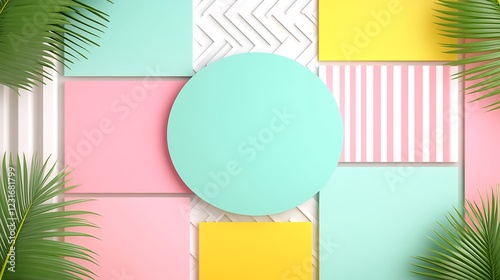 Colorful Background with Geometric Shapes and Tropical Leaves for Creative Design and Layout Projects
