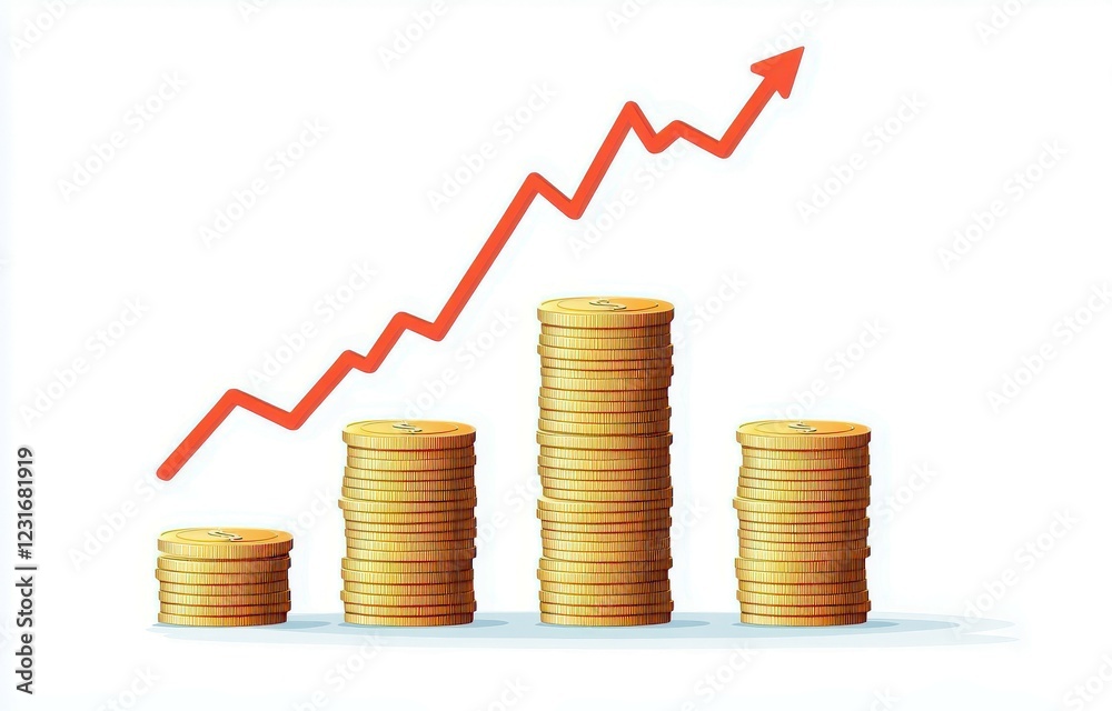 Growth and Success Symbolized by Stacked Gold Coins with Upward Trending Graph Illustrating Financial Progress and Increasing Revenue Potential Growth and Success Symbolized by Stacked Gold Coins with Upward Trending Graph Illustrating Financial Progress and Increasing Revenue Potential