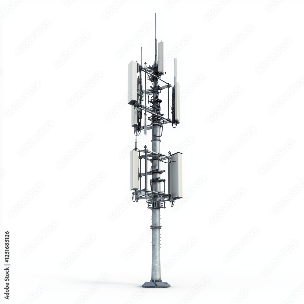 modern 5G antenna tower with multiple transmitters, isolated on a clean white background modern 5G antenna tower with multiple transmitters, isolated on a clean white background