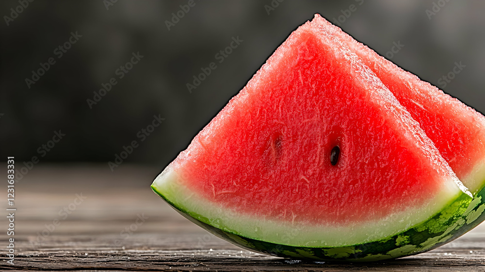 Juicy watermelon slices on rustic wood. Summer refreshment