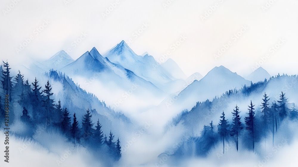 custom made wallpaper toronto digitalWatercolor of landscape forest misty mountains horizon and fog and hills,pine tree fir tree,Autumn forest background,drawn by hand,Autumn illustration design elements for landscape,wallpaper.