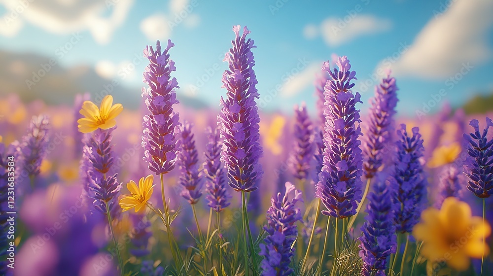 Naklejka premium A field of lavender flowers under a clear sky with yellow wildflowers scattered throughout